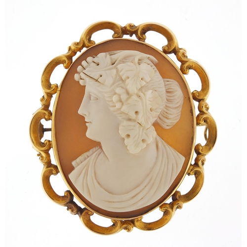 1708 - Large cameo maiden head brooch with 9ct gold mount, 5.5cm high, 14.7g