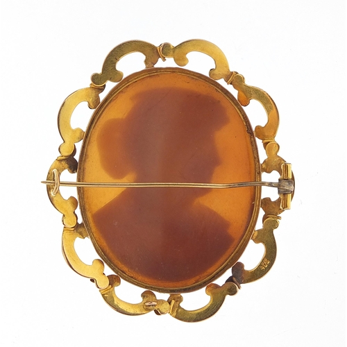 1708 - Large cameo maiden head brooch with 9ct gold mount, 5.5cm high, 14.7g