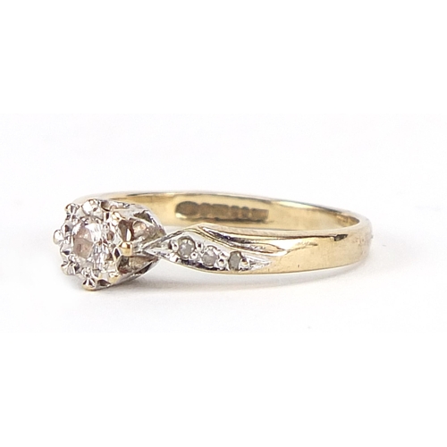 1688 - 9ct gold diamond solitaire ring with diamond shoulders, size J, 1.7g