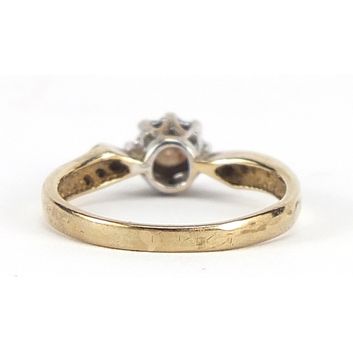 1688 - 9ct gold diamond solitaire ring with diamond shoulders, size J, 1.7g