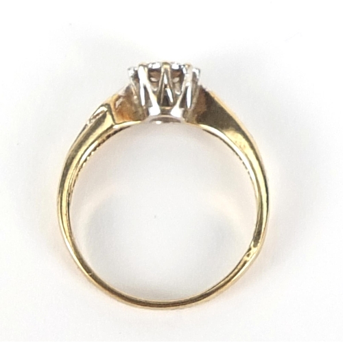 1688 - 9ct gold diamond solitaire ring with diamond shoulders, size J, 1.7g