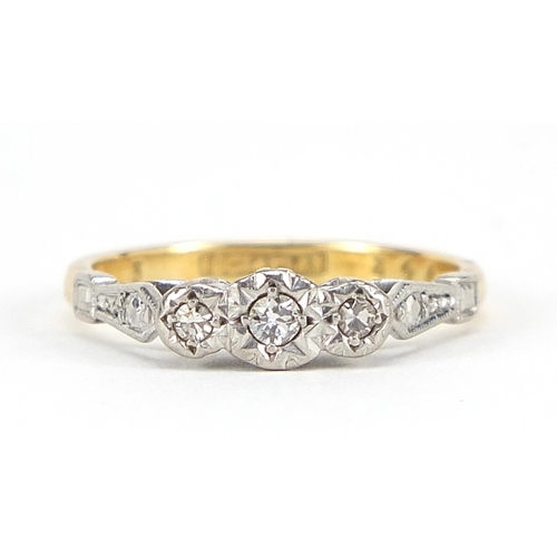 1739 - 18ct gold and platinum diamond three stone ring, size K, 2.3g