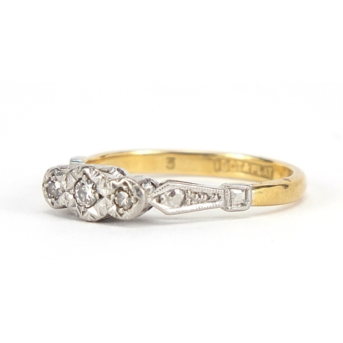 1739 - 18ct gold and platinum diamond three stone ring, size K, 2.3g