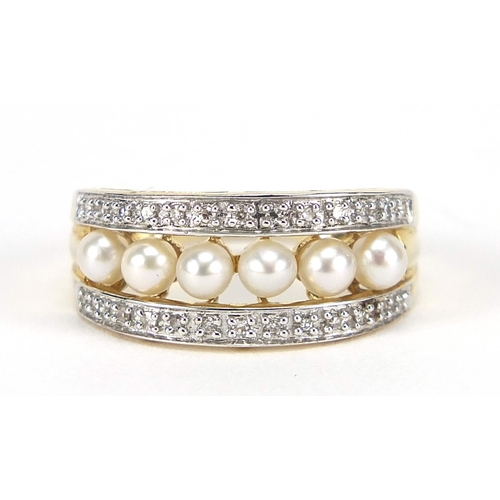 1692 - 9ct gold cultured pearl and diamond half eternity ring, size L/M, 3.2g