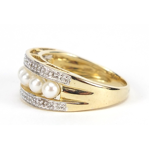 1692 - 9ct gold cultured pearl and diamond half eternity ring, size L/M, 3.2g