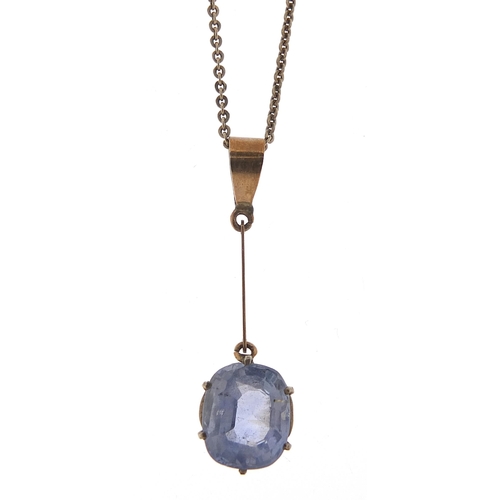 1776 - 9ct gold sapphire pendant, 3.2cm high on a silver necklace, 2.8g