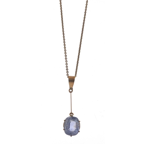 1776 - 9ct gold sapphire pendant, 3.2cm high on a silver necklace, 2.8g