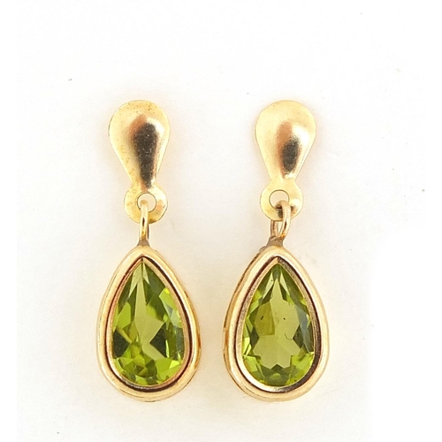 1770 - Pair of 9ct gold peridot tear drop earrings, housed in a Alex Perry box, 1.8cm high, 1.0g