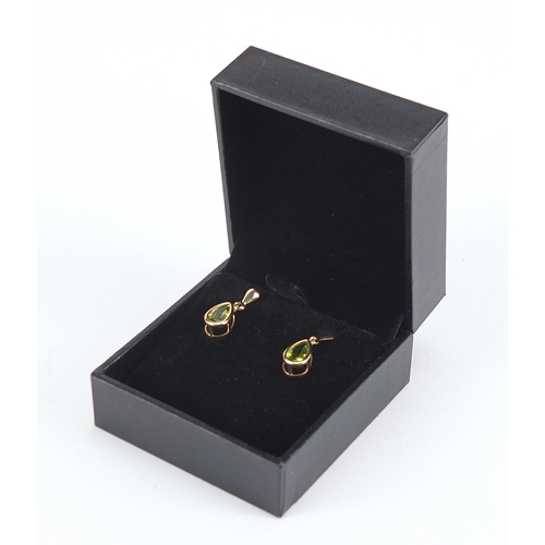 1770 - Pair of 9ct gold peridot tear drop earrings, housed in a Alex Perry box, 1.8cm high, 1.0g