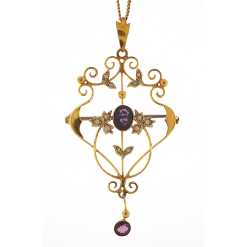 1675 - Art Nouveau 9ct gold amethyst and seed pearl pendant brooch on a 9ct gold necklace, housed in a C Wa... 