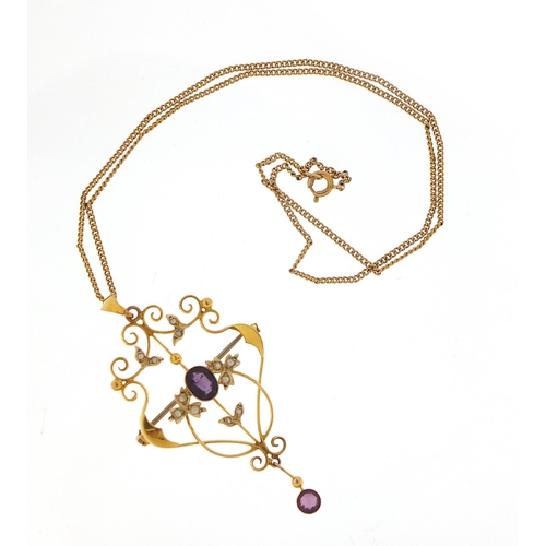 1675 - Art Nouveau 9ct gold amethyst and seed pearl pendant brooch on a 9ct gold necklace, housed in a C Wa... 