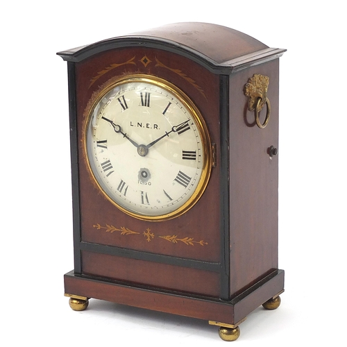 261 - 19th century railway interest inlaid mahogany bracket clock with gilt ring turned handles and painte... 
