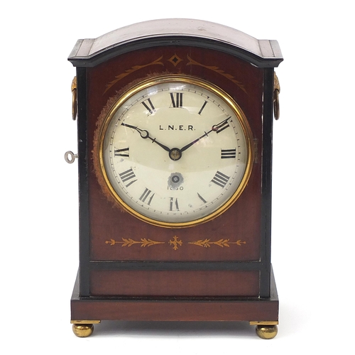 261 - 19th century railway interest inlaid mahogany bracket clock with gilt ring turned handles and painte... 
