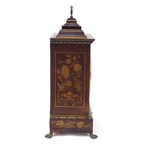 260 - 19th century mahogany fusee bracket clock hand painted with flowers, having a silvered chapter ring ... 