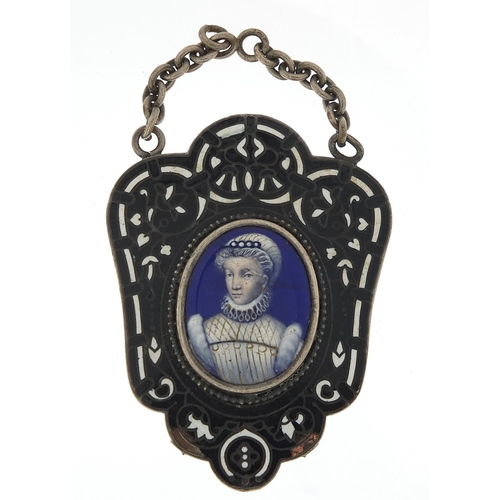 1729 - Antique silvered metal enamel pendant having an oval panel  hand painted with a female in Elizabetha... 