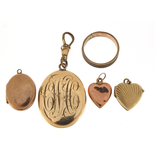 2144 - Four 9ct gold back and front lockets and a 9ct gold elephant hair ring, total 14.8g