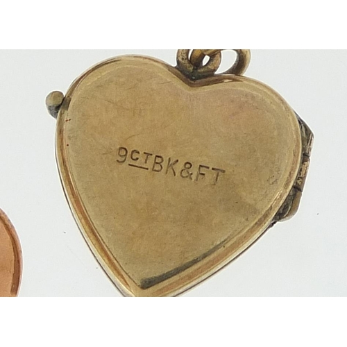 2144 - Four 9ct gold back and front lockets and a 9ct gold elephant hair ring, total 14.8g