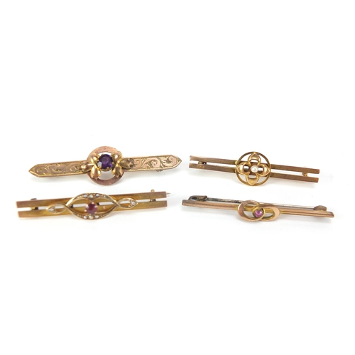 1768 - Four Victorian 9ct gold and gold coloured metal bar brooches set with stones including amethyst and ... 