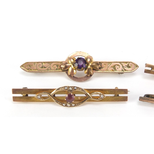 1768 - Four Victorian 9ct gold and gold coloured metal bar brooches set with stones including amethyst and ... 