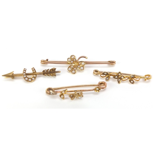 1736 - Four 9ct gold seed pearl bar brooches including a horseshoe, butterfly and shamrock, the largest 4.4... 