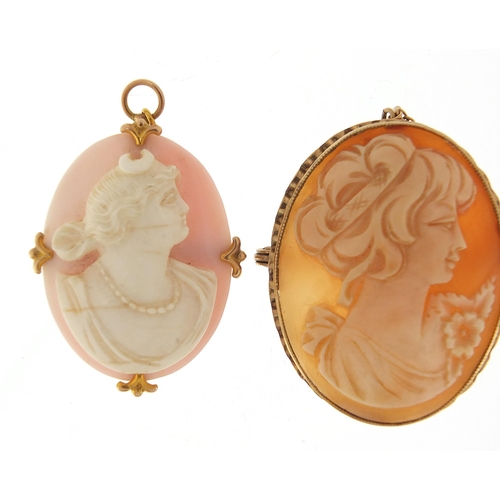 1756 - Three 9ct gold cameo maiden head brooches and pendants, the largest 4cm high, total 15.8g