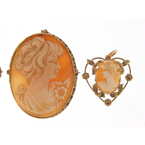 1756 - Three 9ct gold cameo maiden head brooches and pendants, the largest 4cm high, total 15.8g