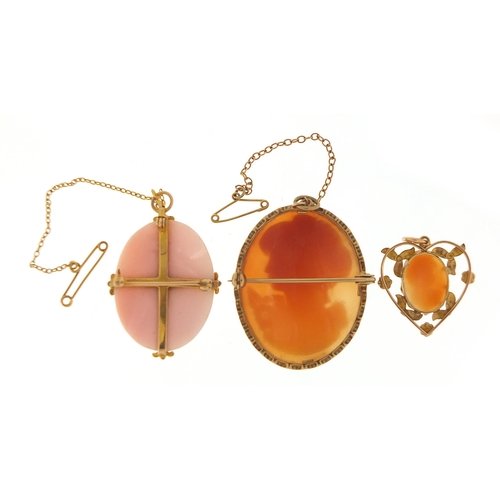 1756 - Three 9ct gold cameo maiden head brooches and pendants, the largest 4cm high, total 15.8g