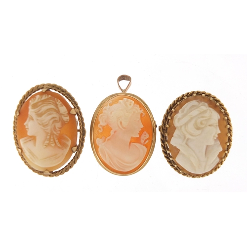 1773 - Three 9ct gold cameo maiden head brooches and pendants, the largest 3cm high, total 15.5g