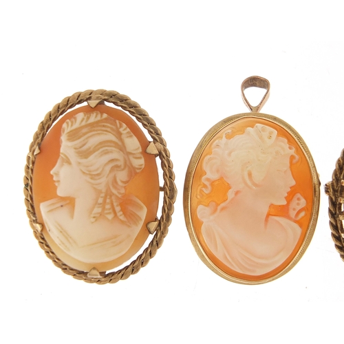 1773 - Three 9ct gold cameo maiden head brooches and pendants, the largest 3cm high, total 15.5g