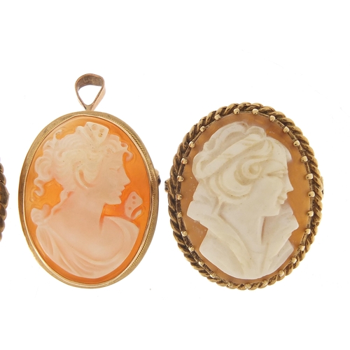 1773 - Three 9ct gold cameo maiden head brooches and pendants, the largest 3cm high, total 15.5g