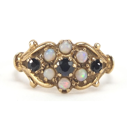 1751 - Antique design 9ct gold sapphire and opal ring, size N, 2.6g