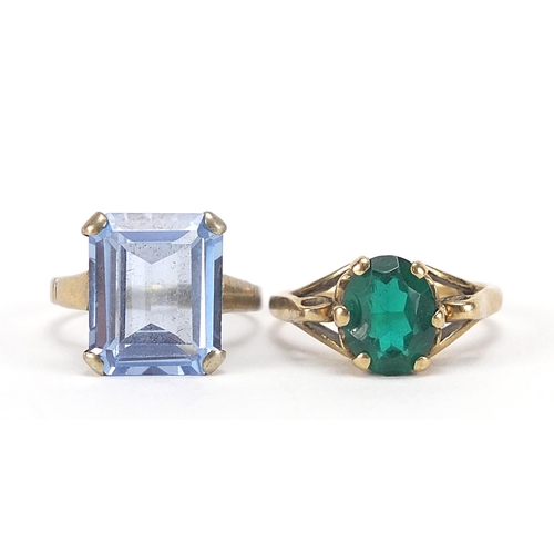 1774 - Two 9ct gold rings set with blue and green stones, sizes H and J, 5.4g