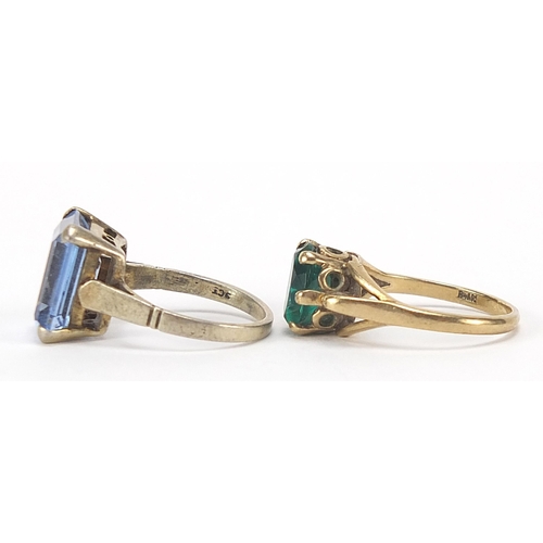 1774 - Two 9ct gold rings set with blue and green stones, sizes H and J, 5.4g