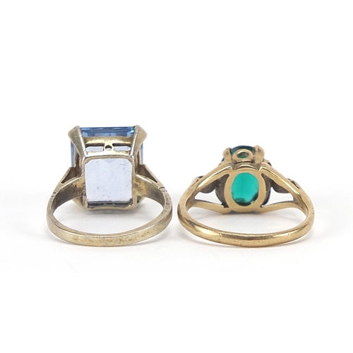 1774 - Two 9ct gold rings set with blue and green stones, sizes H and J, 5.4g