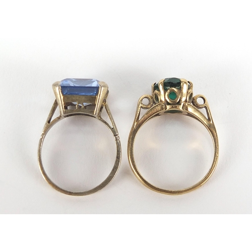 1774 - Two 9ct gold rings set with blue and green stones, sizes H and J, 5.4g