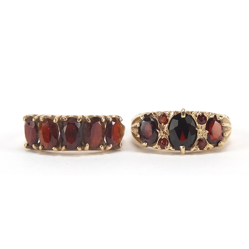 1769 - Two 9ct gold garnet rings, sizes N and O, 6.0g