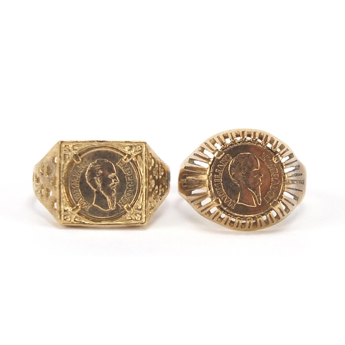 1767 - Two 9ct gold Mexican coin design rings, sizes O and R, 5.5g