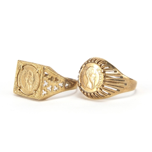 1767 - Two 9ct gold Mexican coin design rings, sizes O and R, 5.5g