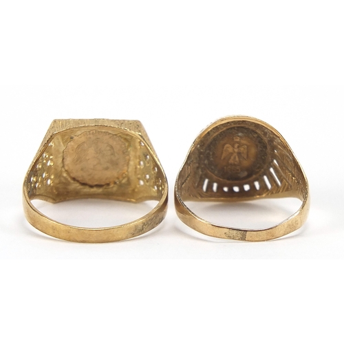 1767 - Two 9ct gold Mexican coin design rings, sizes O and R, 5.5g