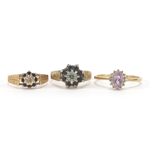 1772 - Three 9ct gold rings set with semi precious stones comprising diamonds, sapphires and amethyst, size... 