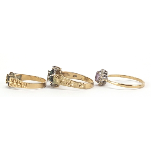 1772 - Three 9ct gold rings set with semi precious stones comprising diamonds, sapphires and amethyst, size... 