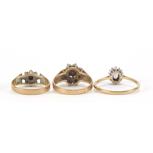 1772 - Three 9ct gold rings set with semi precious stones comprising diamonds, sapphires and amethyst, size... 