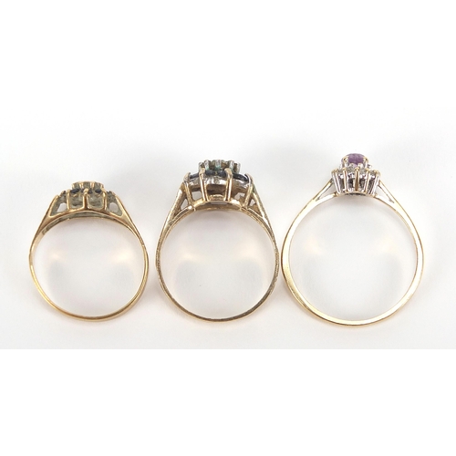 1772 - Three 9ct gold rings set with semi precious stones comprising diamonds, sapphires and amethyst, size... 