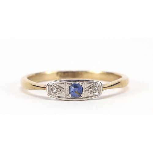 1737 - Art Deco 9ct gold and platinum sapphire and diamond ring, size O, 1.8g