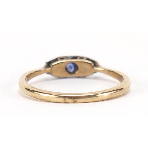 1737 - Art Deco 9ct gold and platinum sapphire and diamond ring, size O, 1.8g