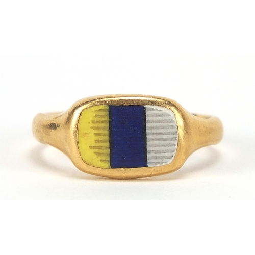 1730 - 18ct gold yellow, blue and white enamel ring, size M, 4.3g