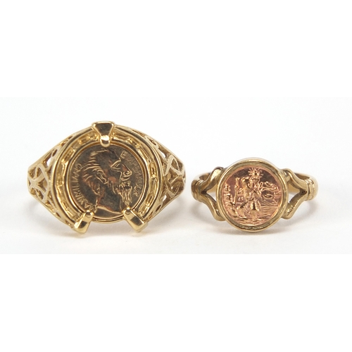 1725 - Two 9ct gold rings comprising Mexican coin and St Christopher, sizes H and R, 6.0g