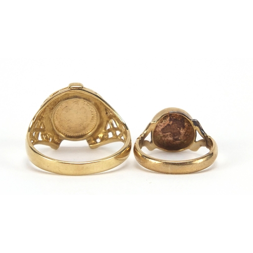 1725 - Two 9ct gold rings comprising Mexican coin and St Christopher, sizes H and R, 6.0g