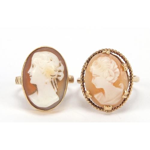 1719 - Two 9ct gold cameo maiden head rings, sizes J and N, 6.2g