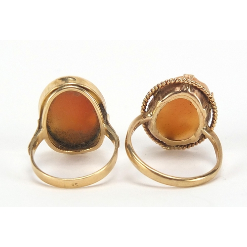 1719 - Two 9ct gold cameo maiden head rings, sizes J and N, 6.2g